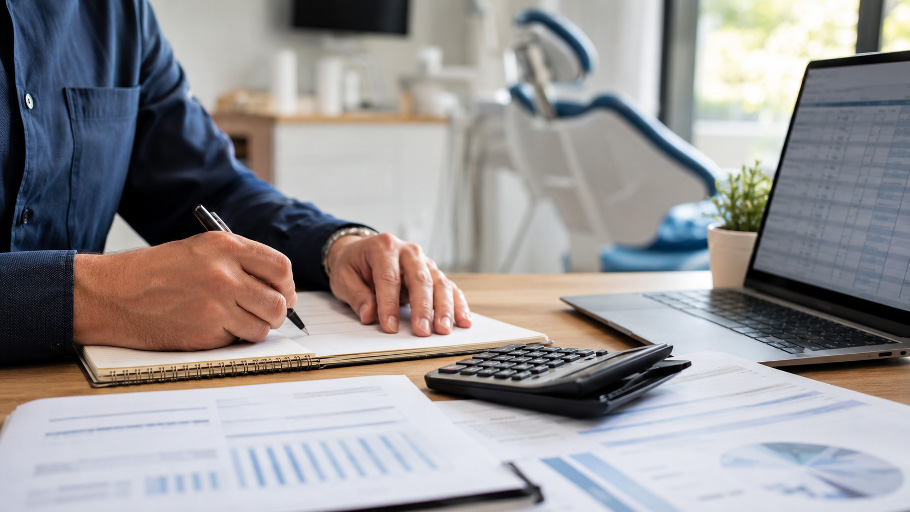 Person reviewing financial reports with a calculator and laptop in a dental office